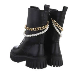 Western- & Bikerboots Lochschnürung, Blockabsatz, Perlen, Kette - Schwarz -Bestes Schuh Geschäft 29124396 03