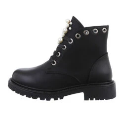 Flache Stiefeletten Lochschnürung, Blockabsatz, Perlen - Schwarz