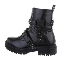 Western- & Bikerboots Lochschnürung, Blockabsatz, Nieten, Riemen - Schwarz