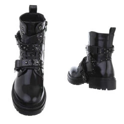 Western- & Bikerboots Lochschnürung, Blockabsatz, Nieten, Riemen - Schwarz -Bestes Schuh Geschäft 29252737 03